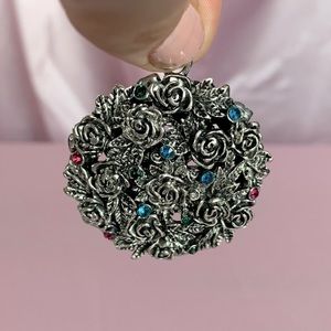 Vintage Floral Silver Tone Bulky Rose Pendant